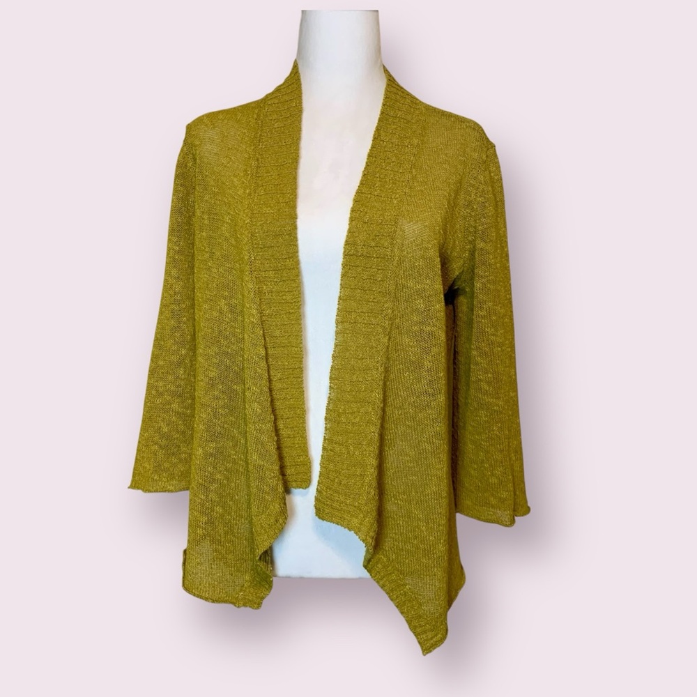 Eileen Fisher Cardigan Sweater Linen Cotton Asymmetrical Mustard Small